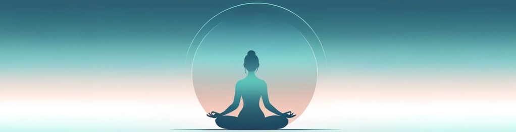 A serene silhouette of a person meditating in a cross-legged position, surrounded by a soft gradient background that transitions from blue to peach.